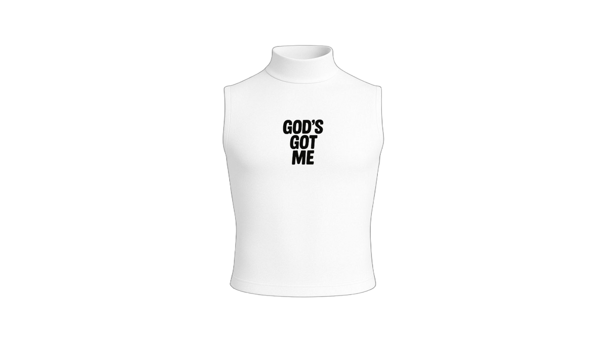 “GOD’S GOT ME SLEEVELESS TURTLE NECK COMPRESSION SHIRT (WHITE)