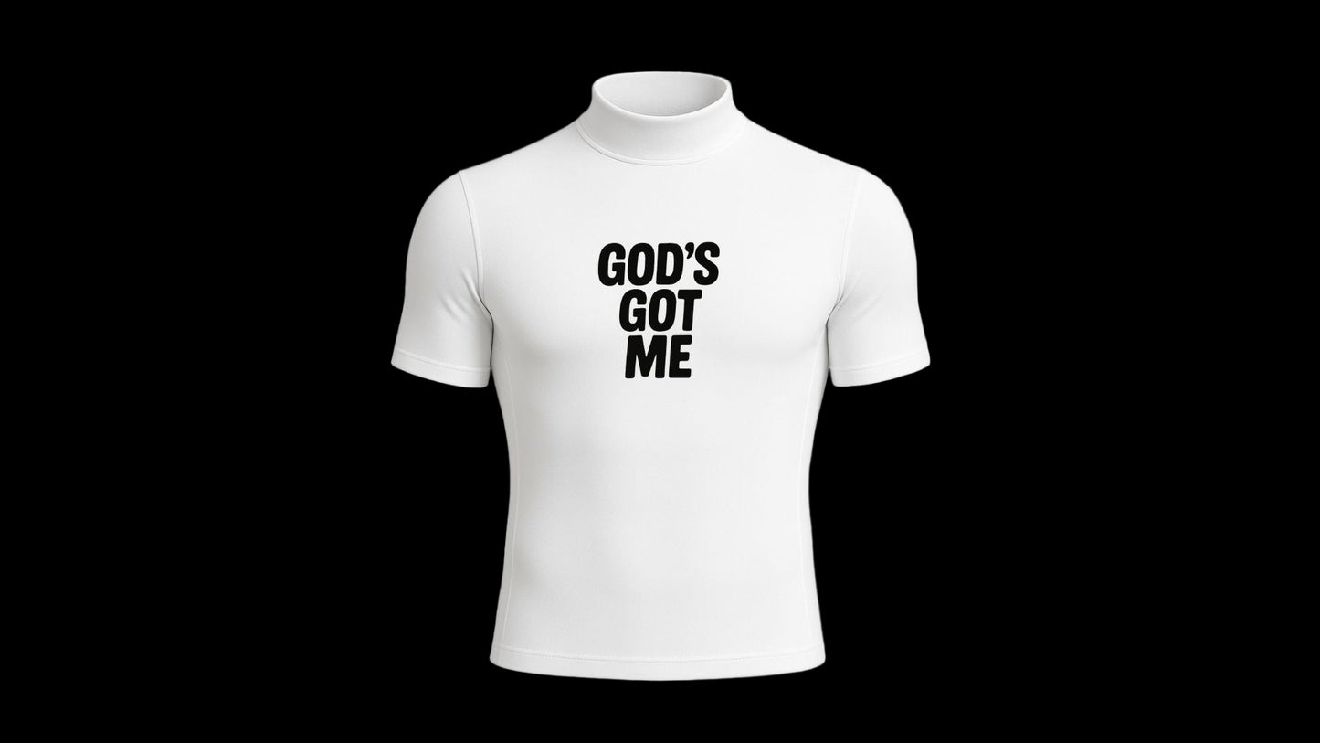 “GOD’S GOT ME” TURTLE NECK COMPRESSION SHIRT (WHITE)