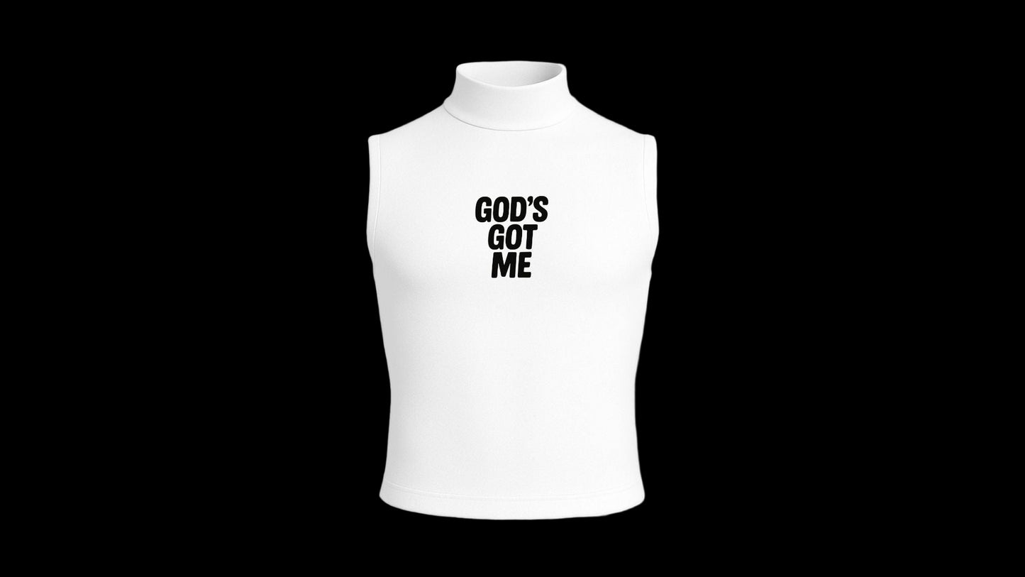 “GOD’S GOT ME SLEEVELESS TURTLE NECK COMPRESSION SHIRT (WHITE)