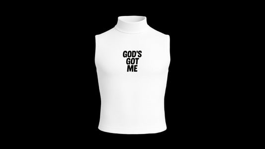 “GOD’S GOT ME SLEEVELESS TURTLE NECK COMPRESSION SHIRT (WHITE)